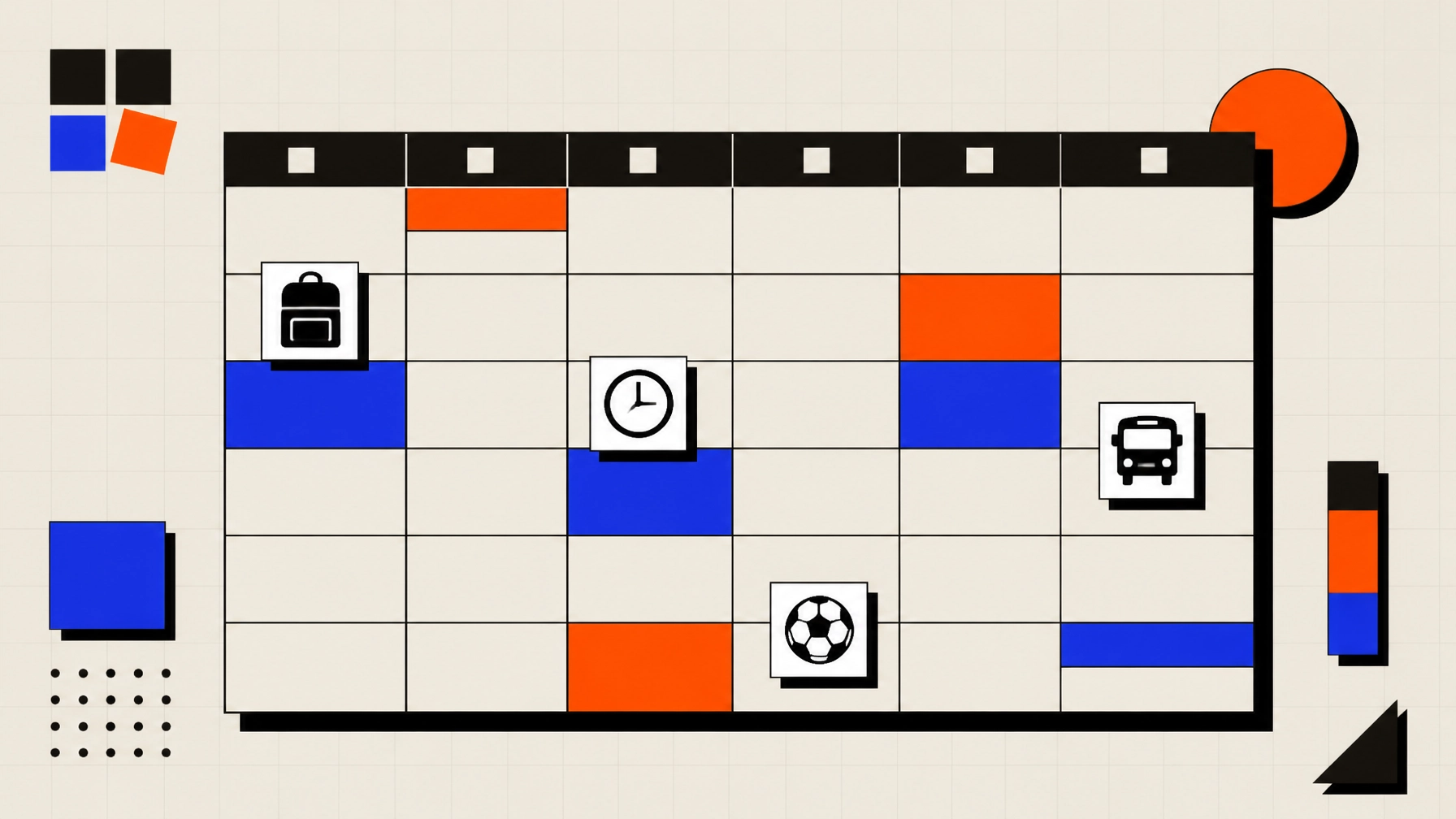 A family calendar with separated weekly blocks, school and activity symbols, and blue and orange accents.