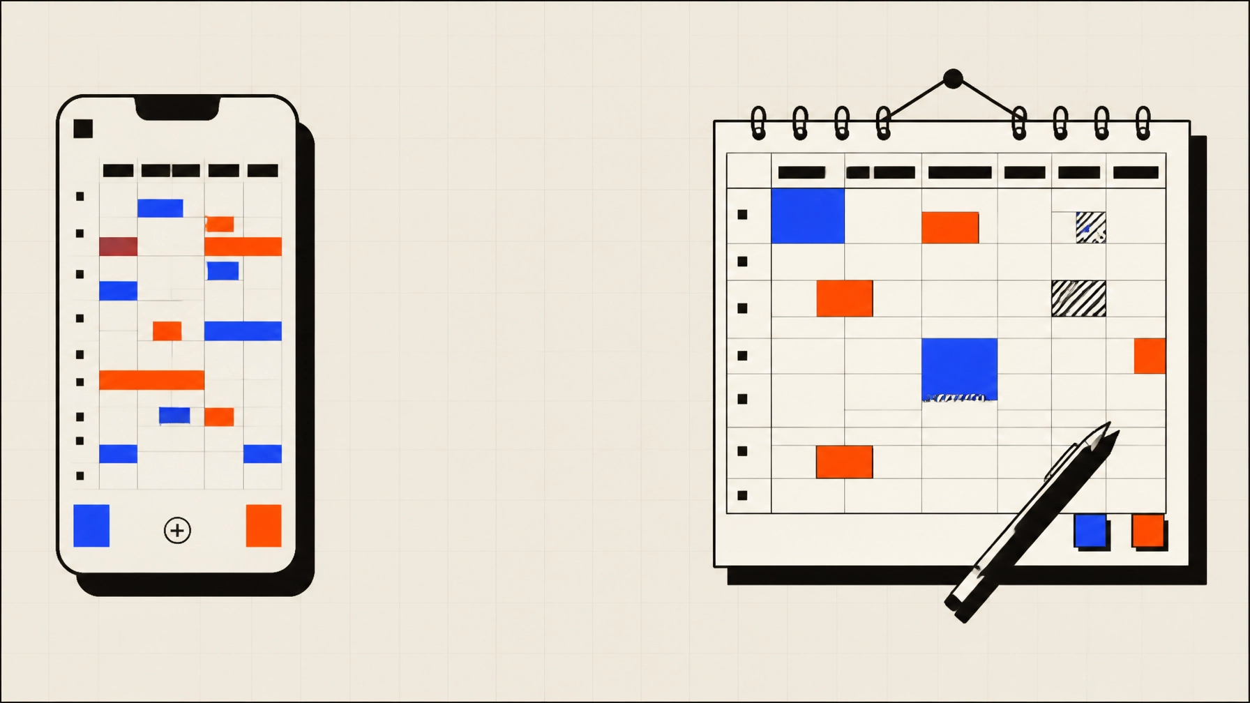 Flat graphic comparison of a family planner app and a paper wall planner.