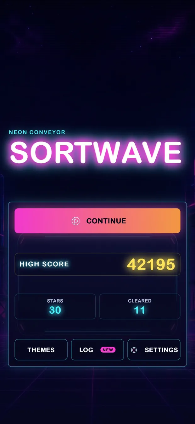 SortWave home screen showing the neon SortWave logo, a high score of 42,195 and buttons for themes, log and settings