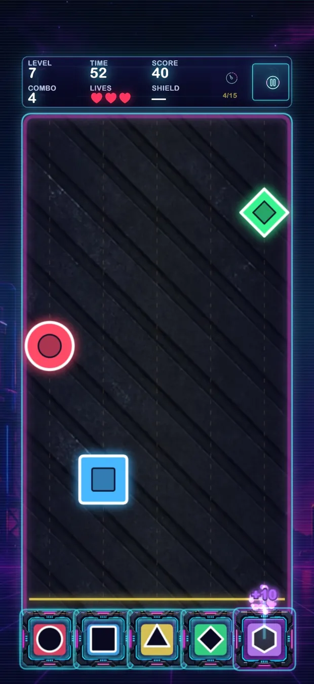 SortWave gameplay with red circles, a blue square, a yellow triangle and a green diamond falling toward six coloured slots